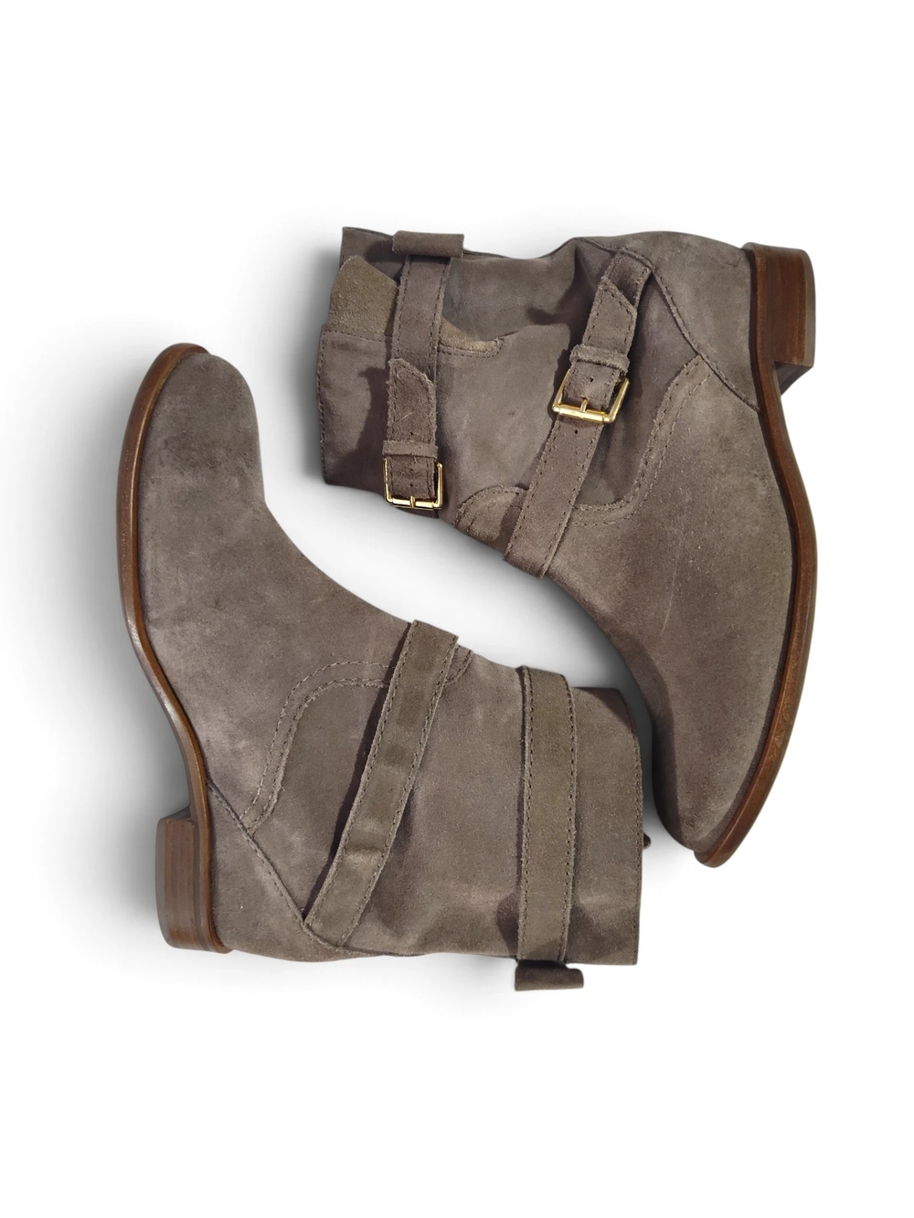 Kate Spade New York "Sabina" Moto Boots Taupe Brown Buckle Straps Bow Size 10 - Picture 6 of 11
